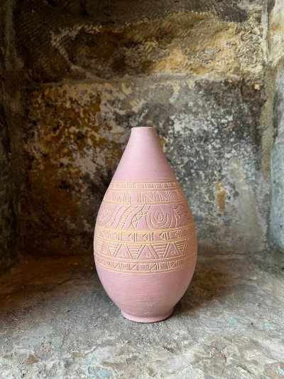 Kazıma Etnik Desenli Pembe Gözyaşı Şişesi